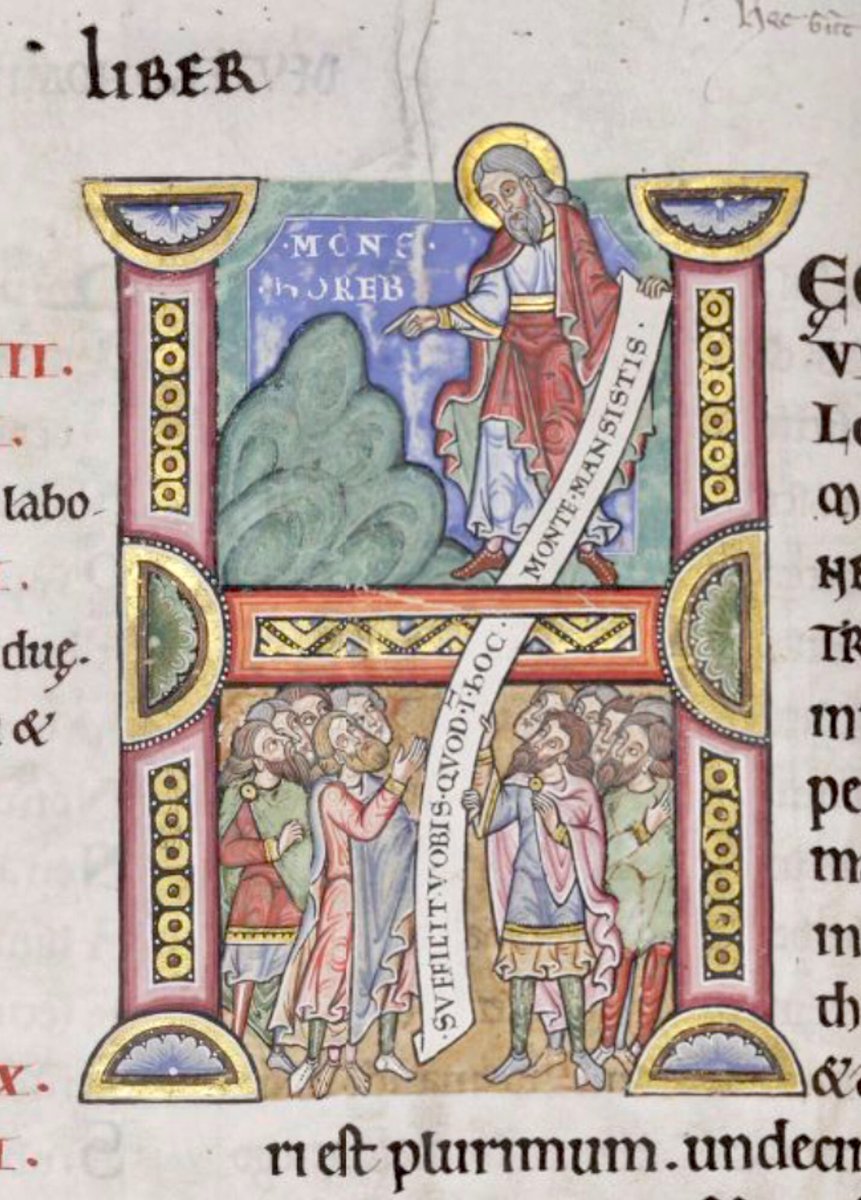 Initial 'H'(aec) at the beginning of Deuteronomy depicting Moses pointing at Mt Horeb holding a scroll which is received by ten people below.  #MS003TheDoverBibleCambridge, Corpus Christi College, MS 003; The Dover Bible, Volume I; 12th century; f.73v  @ParkerLibCCCC