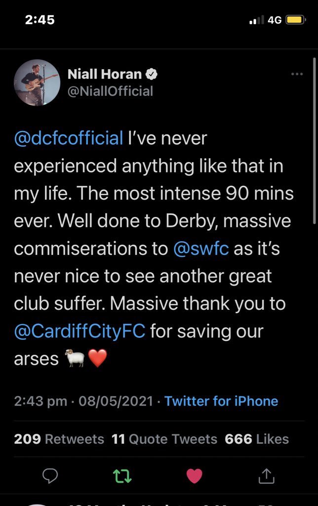 Niall Horan Dcfcofficial I Ve Never Experienced Anything Like That In My Life The Most Intense 90 Mins Ever Well Done To Derby Massive Commiserations To Swfc As It S Never Nice