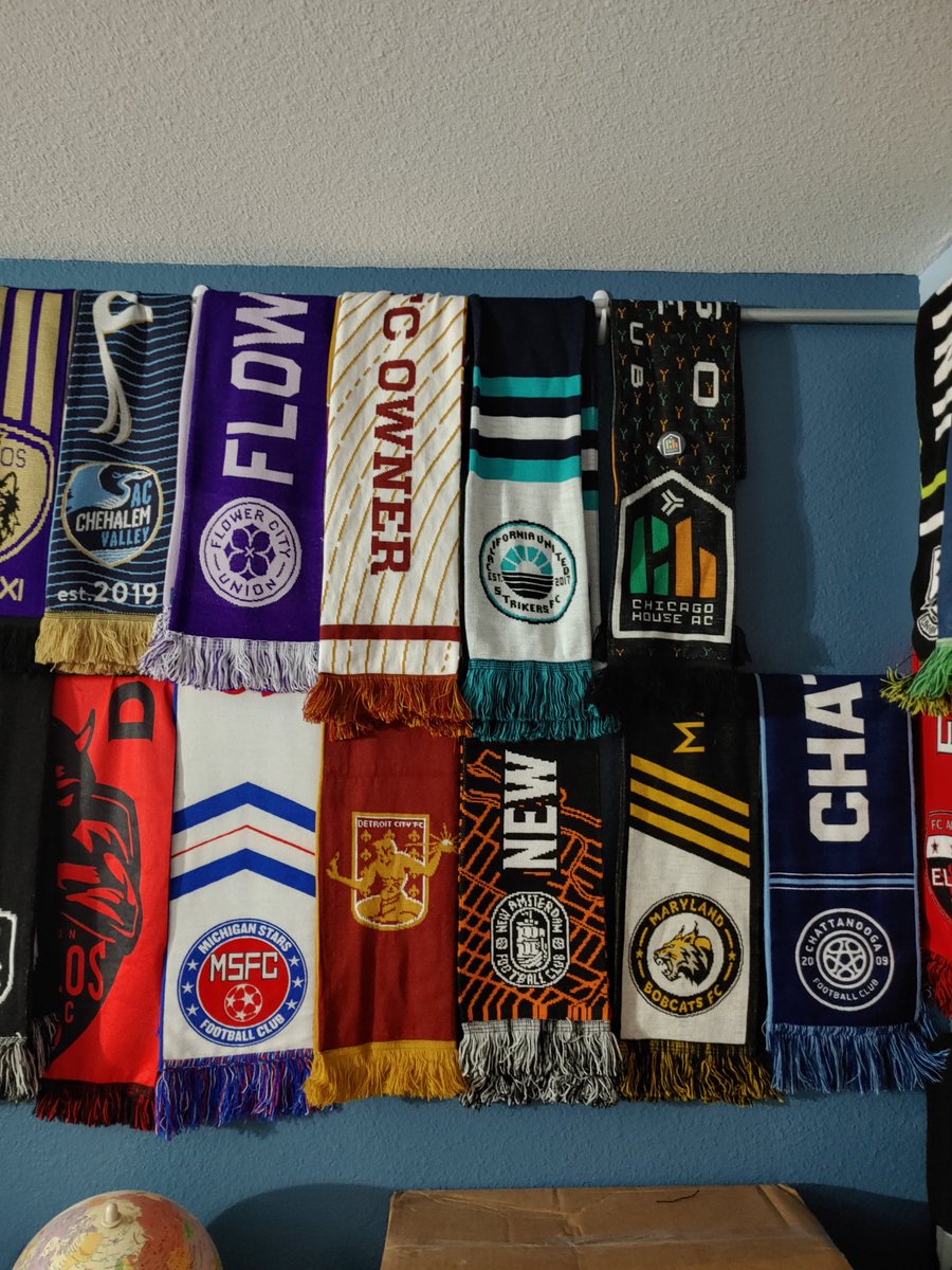 Have to admit the @FlowerCityUnion scarf looks great with the rest of the @NISALeague Scarves!   #RootedinRochester

Also awesome to add my @DetroitCityFC owners scarf to the wall!

Still need a couple more scarves from NISA to complete the collection!