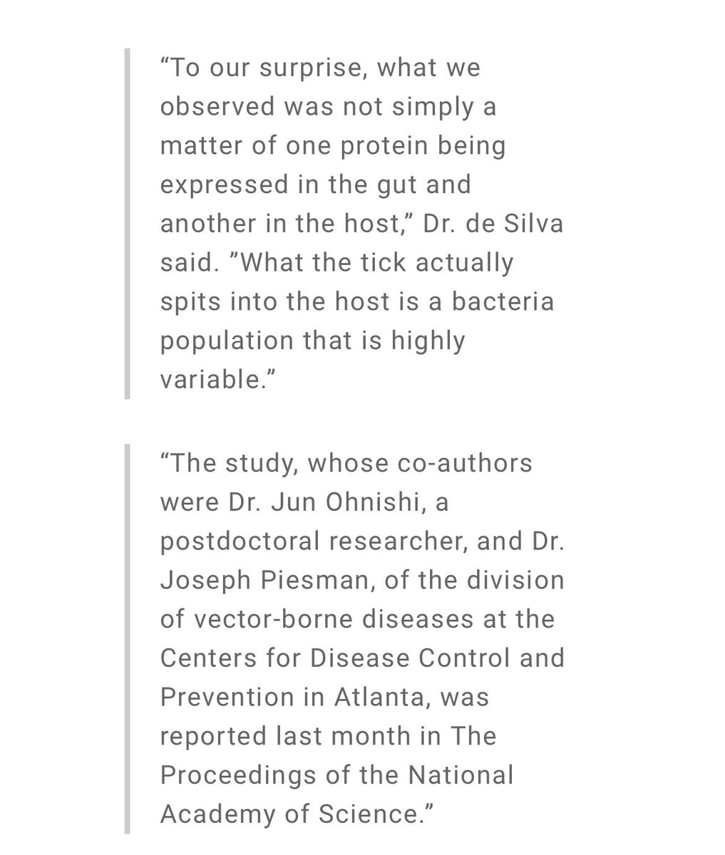 The CDC knows this. Everyone knows this. It’s really, really old news. 20 years ago in The NY Times:“What the tick actually spits into the host is a bacteria population that is highly variable.” https://www.nytimes.com/2001/02/20/health/findings-boost-hope-for-better-lyme-vaccine.html #LymeDiseaseAwarenessMonth 7/