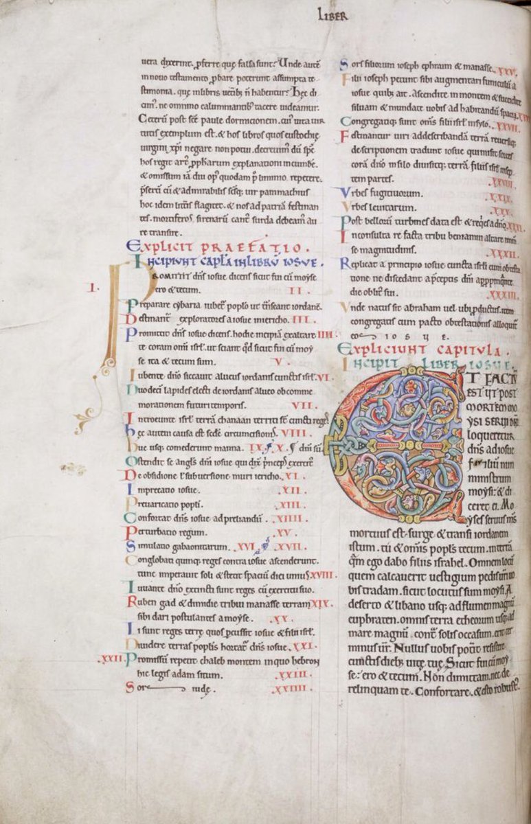 Ornamented initial 'E'(t) with animal heads at the beginning of Joshua #MS003TheDoverBibleCambridge, Corpus Christi College, MS 003; The Dover Bible, Volume I; 12th century; f.89v  @ParkerLibCCCC