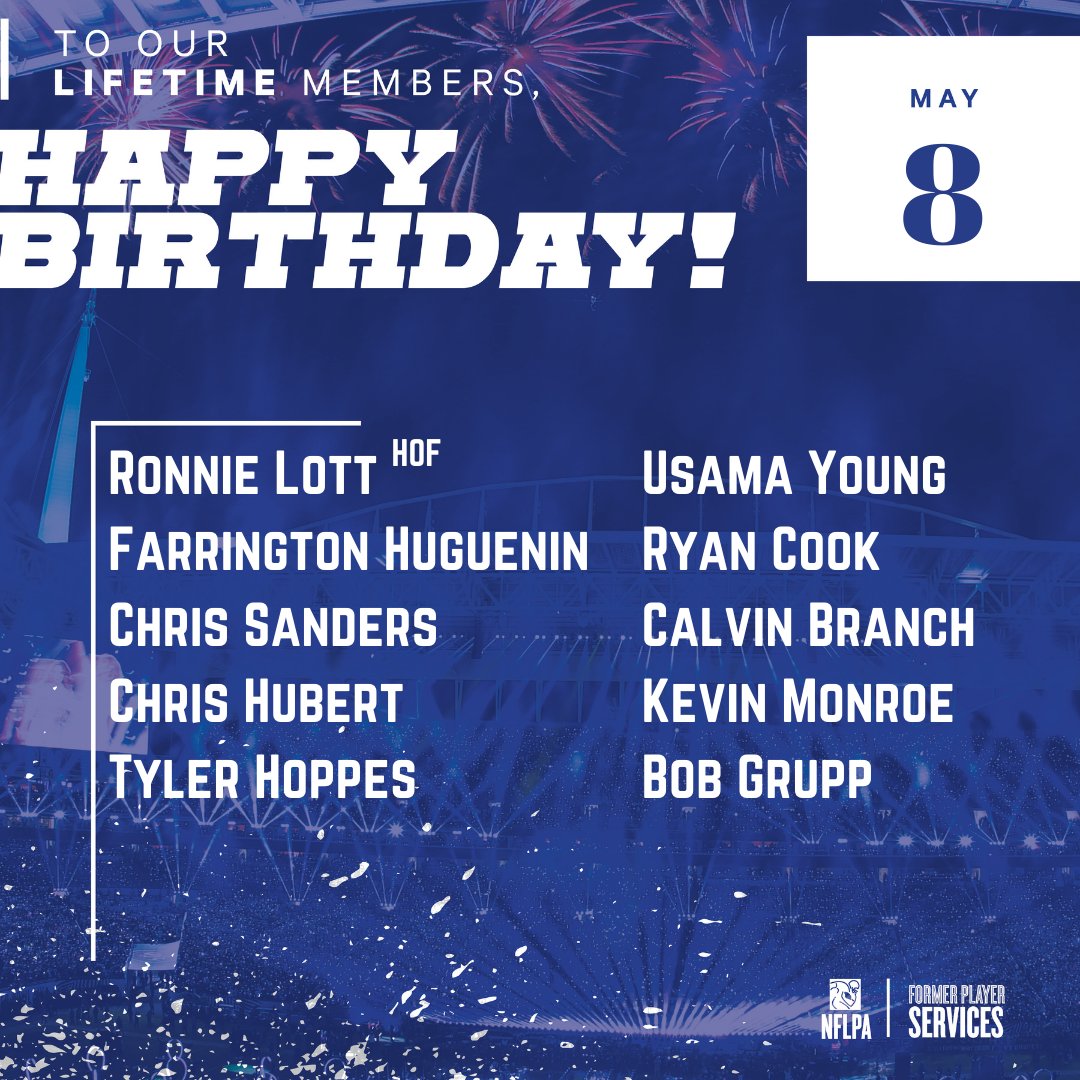 Happy birthday to our members <a href="/RonnieLottHOF/">Ronnie Lott</a> <a href="/Smokiee7o/">Chris Wayne</a> <a href="/tylerhoppes/">Tyler Hoppes</a> @usama_young28 <a href="/RyanCook63/">Ryan Cook</a> <a href="/calvinbranch8/">calvin branch</a> &amp; @kmonroe32 - Make it the best one yet! 🎈#nflpafraternity
Don't see your handle? Update your profile on NFLPA.com.