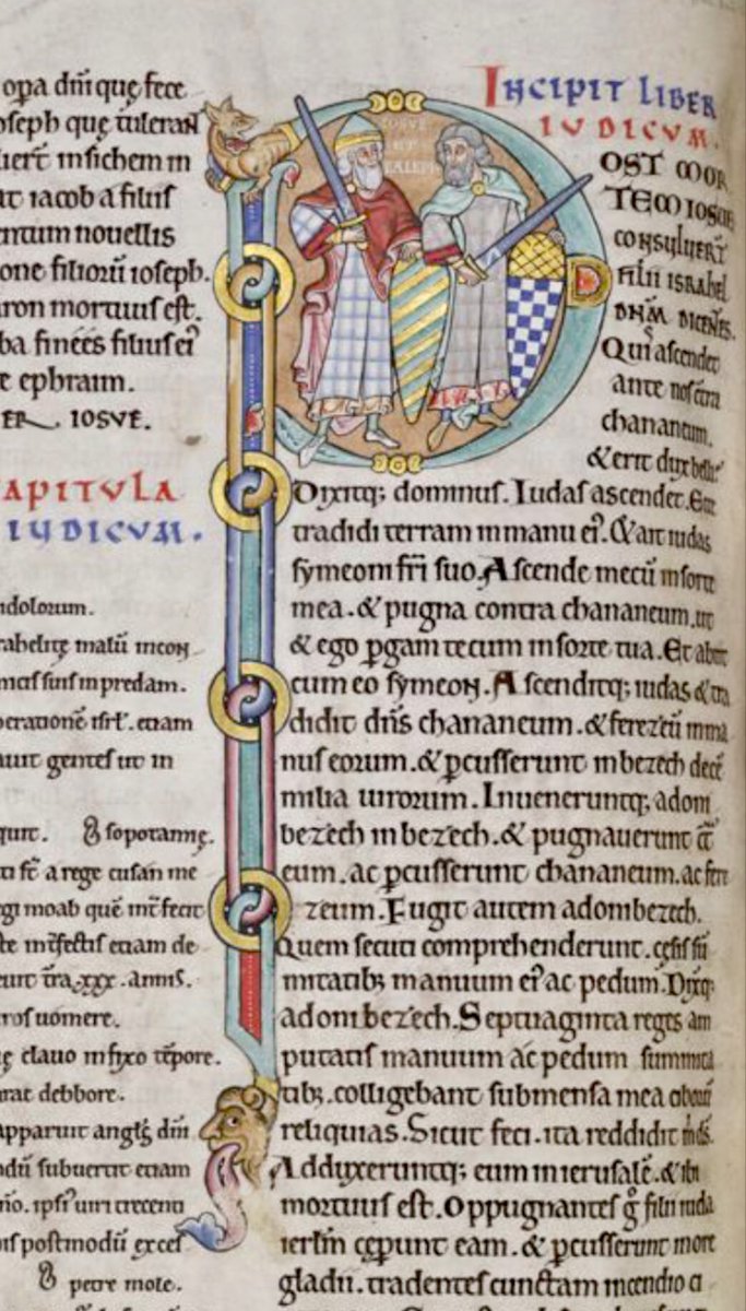 Historiated initial 'P'(ost) at the beginning of Judges depicting two men between whom it is written: IOSUE ET CALEPH. #MS003TheDoverBibleCambridge, Corpus Christi College, MS 003; The Dover Bible, Volume I; 12th century; f.100v  @ParkerLibCCCC