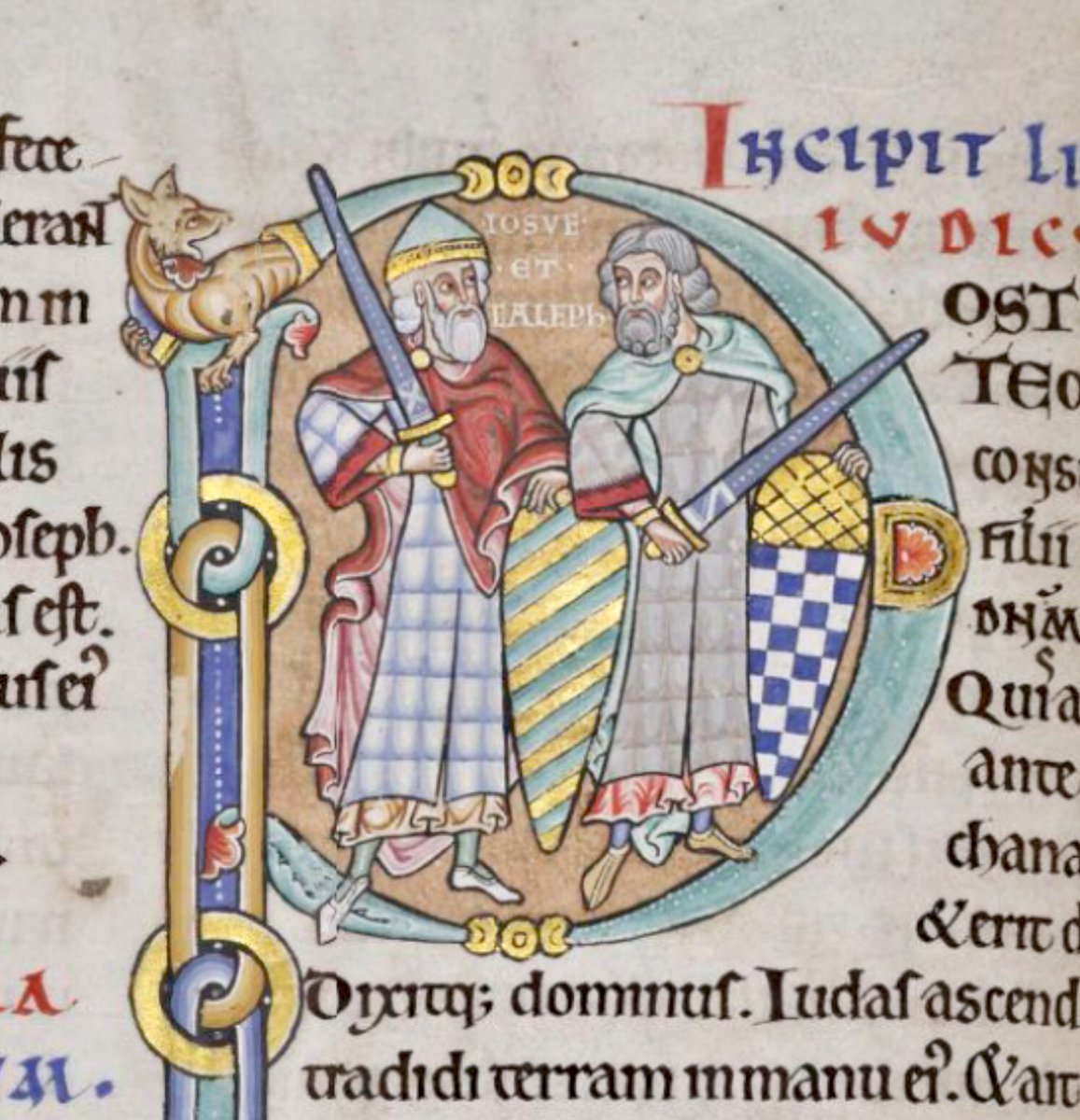 Historiated initial 'P'(ost) at the beginning of Judges depicting two men between whom it is written: IOSUE ET CALEPH. #MS003TheDoverBibleCambridge, Corpus Christi College, MS 003; The Dover Bible, Volume I; 12th century; f.100v  @ParkerLibCCCC