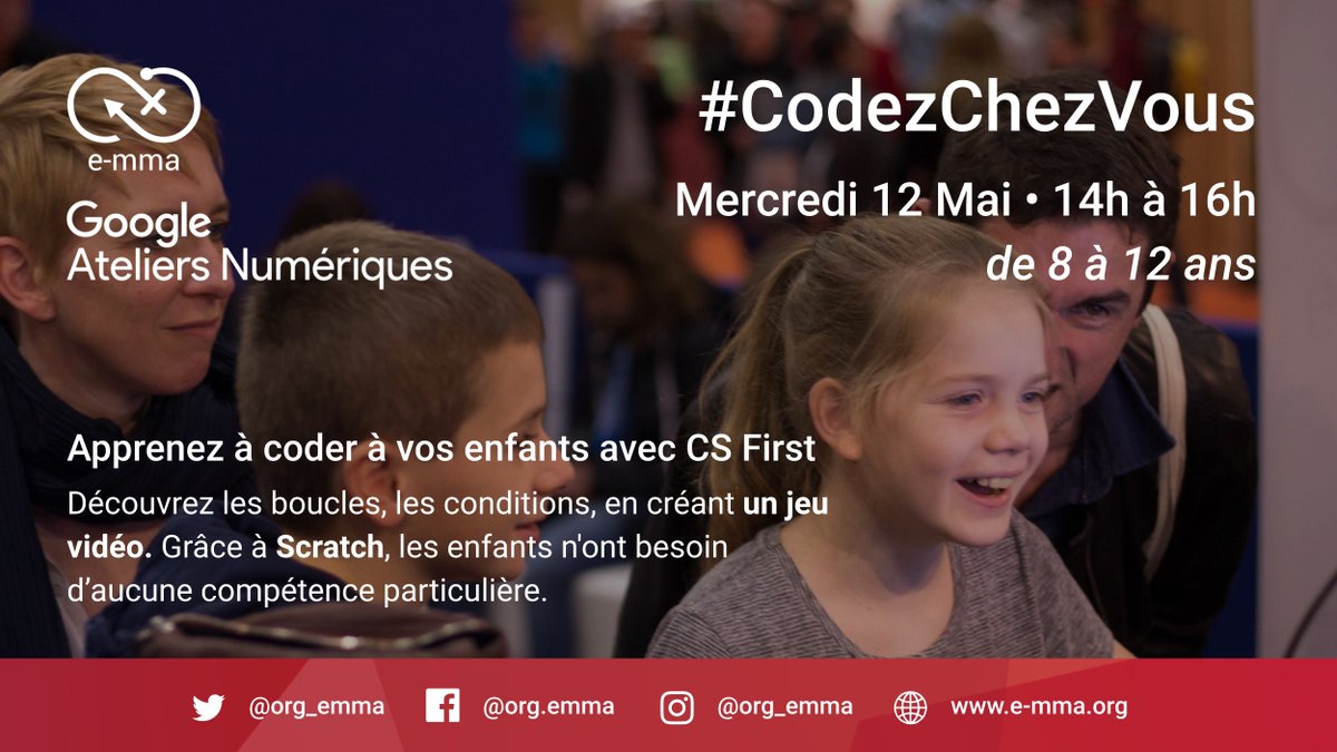 Org_Emma's tweet photo. Apprenez la programmation avec l'association E-mma depuis chez vous !
Nous proposerons le Mercredi 12 Mai à 14h un atelier de code destiné aux enfants pour apprendre à coder en créant un jeu vidéo.
Pour connecter vos enfants https://t.co/dYaCxsewOw https://t.co/yO0XF5ifPJ
