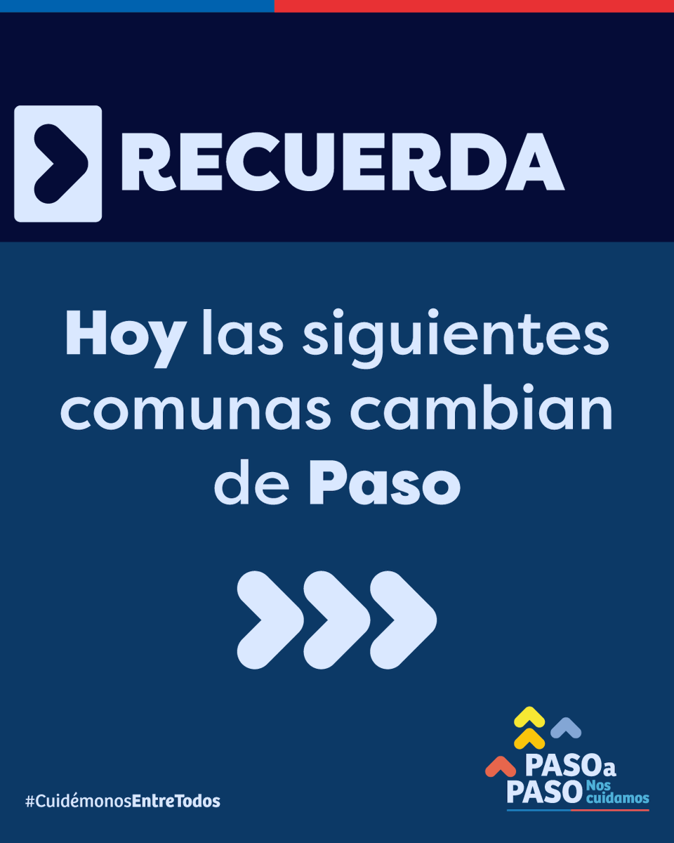 GobiernodeChile's tweet photo. 🔴 RECUERDA:
A partir de hoy, las siguientes comunas retroceden a:

🔸 #Cuarentena
🔸 #Transición

¿Quieres saber en qué paso está tu comuna? Visita 📲 https://t.co/udEI6KPiOL https://t.co/tGBClJ4Hdp