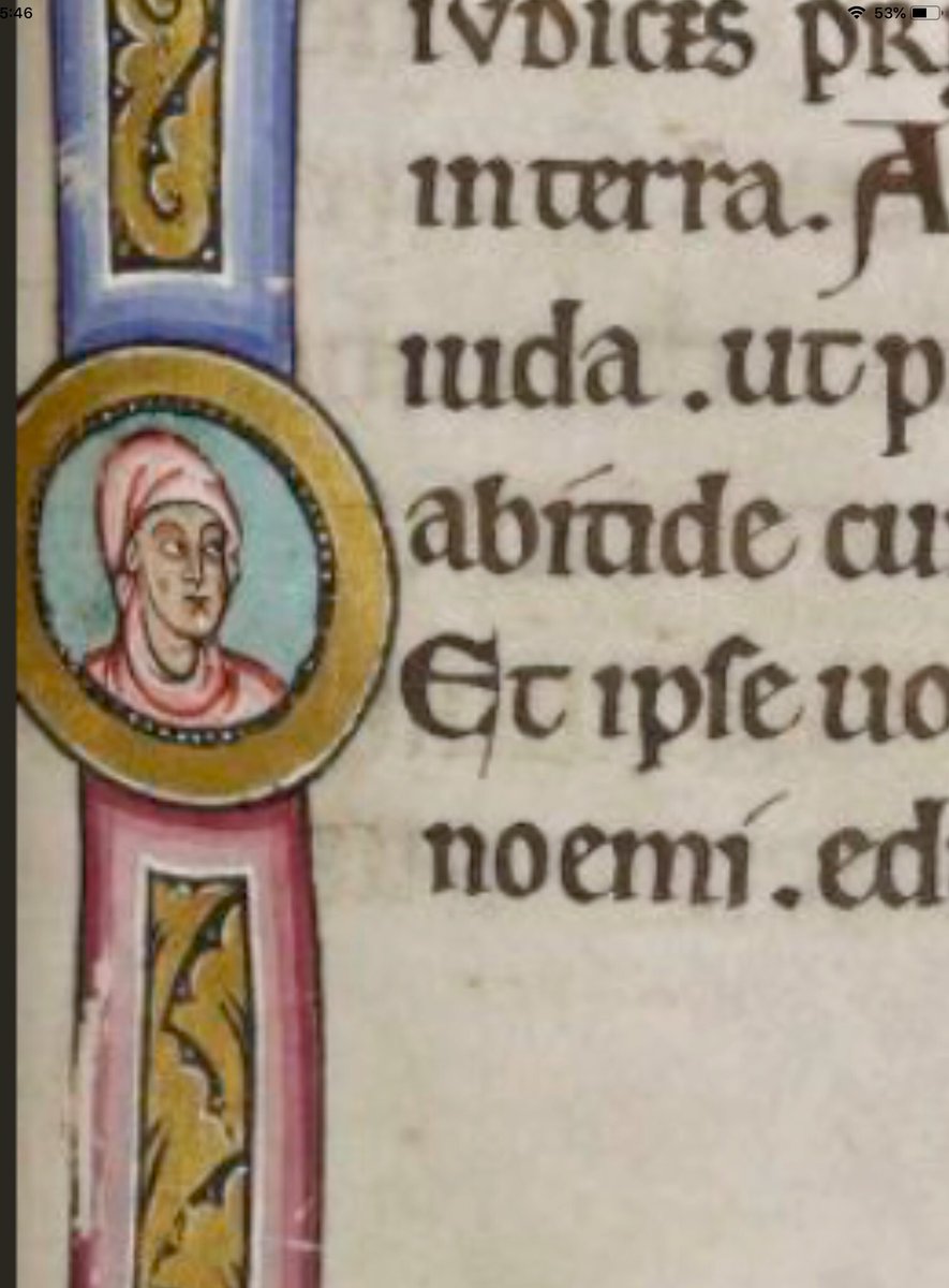 Initial 'I'(n) at the beginning of Ruth depicting head of Ruth and a dragon and grotesque head #MS003TheDoverBibleCambridge, Corpus Christi College, MS 003; The Dover Bible, Volume I; 12th century; f.112r  @ParkerLibCCCC