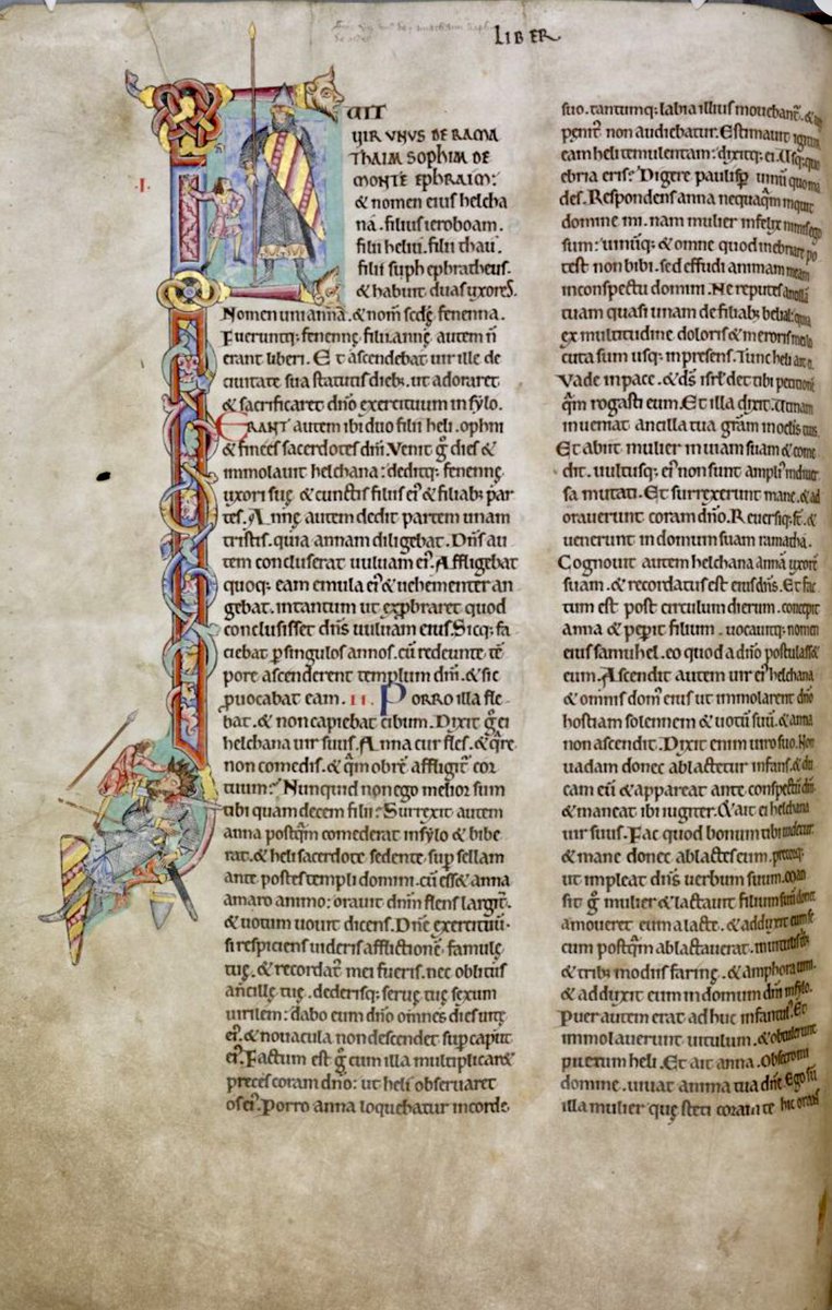 Historiated initial 'F'(uit) at the beginning of 1 Kings (1 Samuel) depicting the fight between the youth David and Goliath.  #MS003TheDoverBibleCambridge, Corpus Christi College, MS 003; The Dover Bible, Volume I; 12th century; f.115v  @ParkerLibCCCC