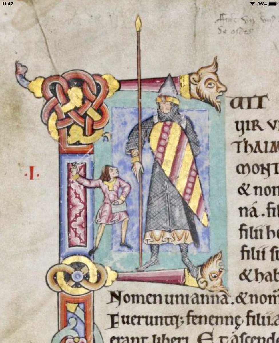 Historiated initial 'F'(uit) at the beginning of 1 Kings (1 Samuel) depicting the fight between the youth David and Goliath.  #MS003TheDoverBibleCambridge, Corpus Christi College, MS 003; The Dover Bible, Volume I; 12th century; f.115v  @ParkerLibCCCC