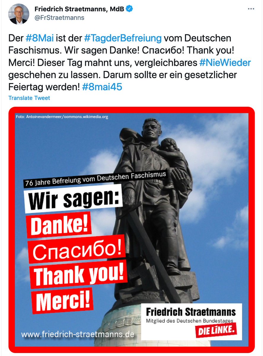 The Linke are continuing their tradition of thanking the liberating allies (often with emphasis on the role of the Red Army) in French, English and Russian.