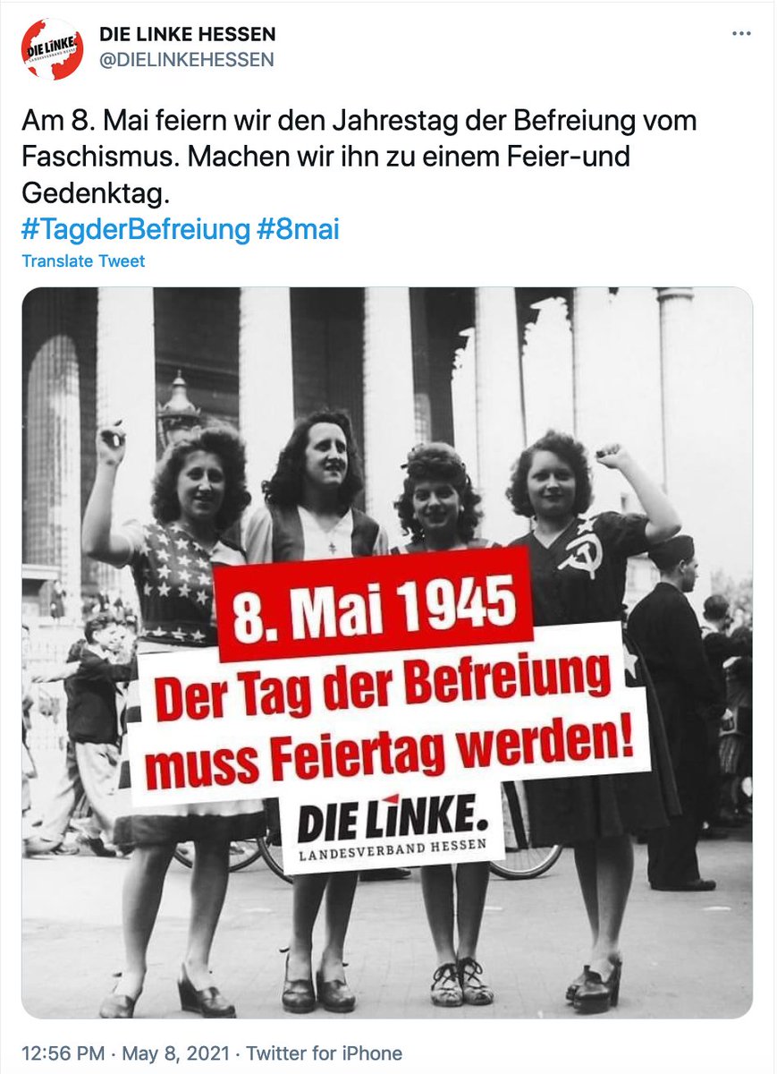 The Linke are continuing their tradition of thanking the liberating allies (often with emphasis on the role of the Red Army) in French, English and Russian.