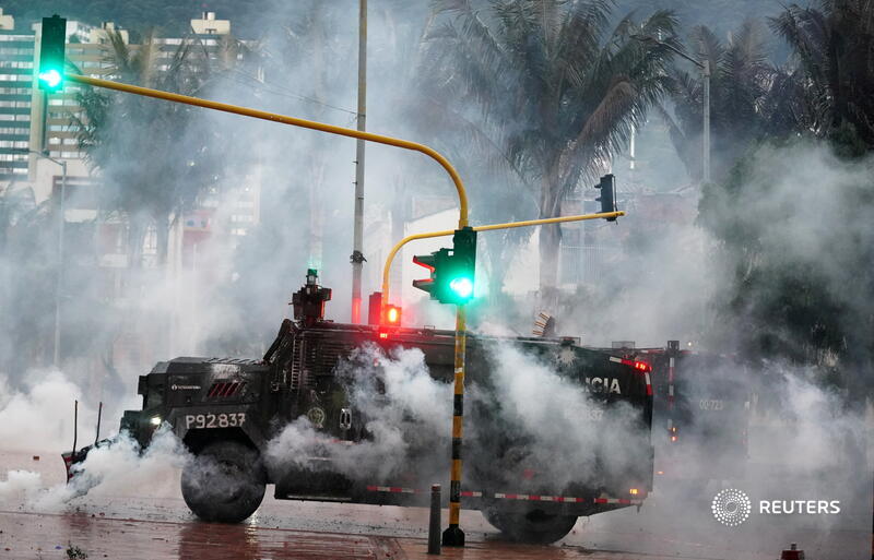 A police armored vehicle is pictured during a protest against poverty and police violence in Bogota, Colombia. More photos of the week: https://t.co/fs0iyOpXka 📷 @nathalianph https://t.co/3Amjy2lGfM