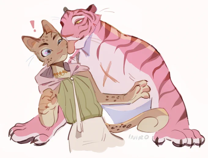 my cat ocs osmar (evil tiger) and arwin (serval) - they're in an arranged marriage... 
