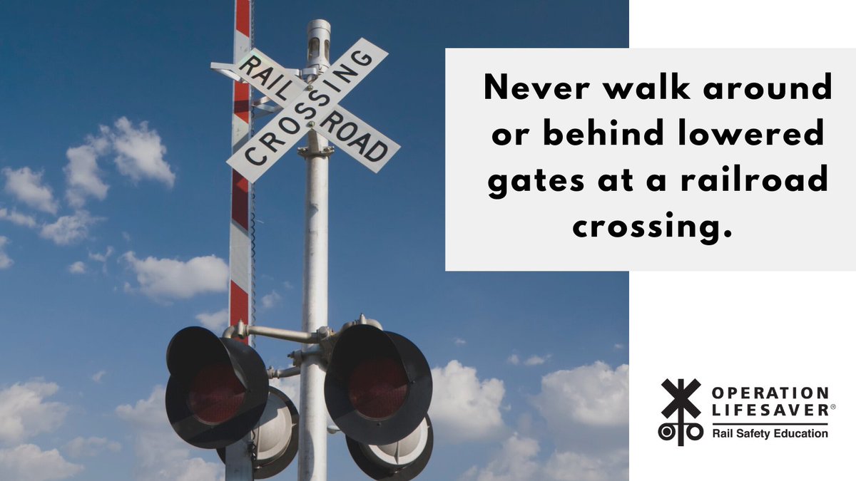 olinational's tweet photo. 🚨 🚨 🚨 
Never walk around or behind lowered gates at a railroad crossing. DO NOT cross the tracks until the lights have stopped flashing and it's safe to do so.
 
#STOPTrackTragedies https://t.co/85jdJRx7c4