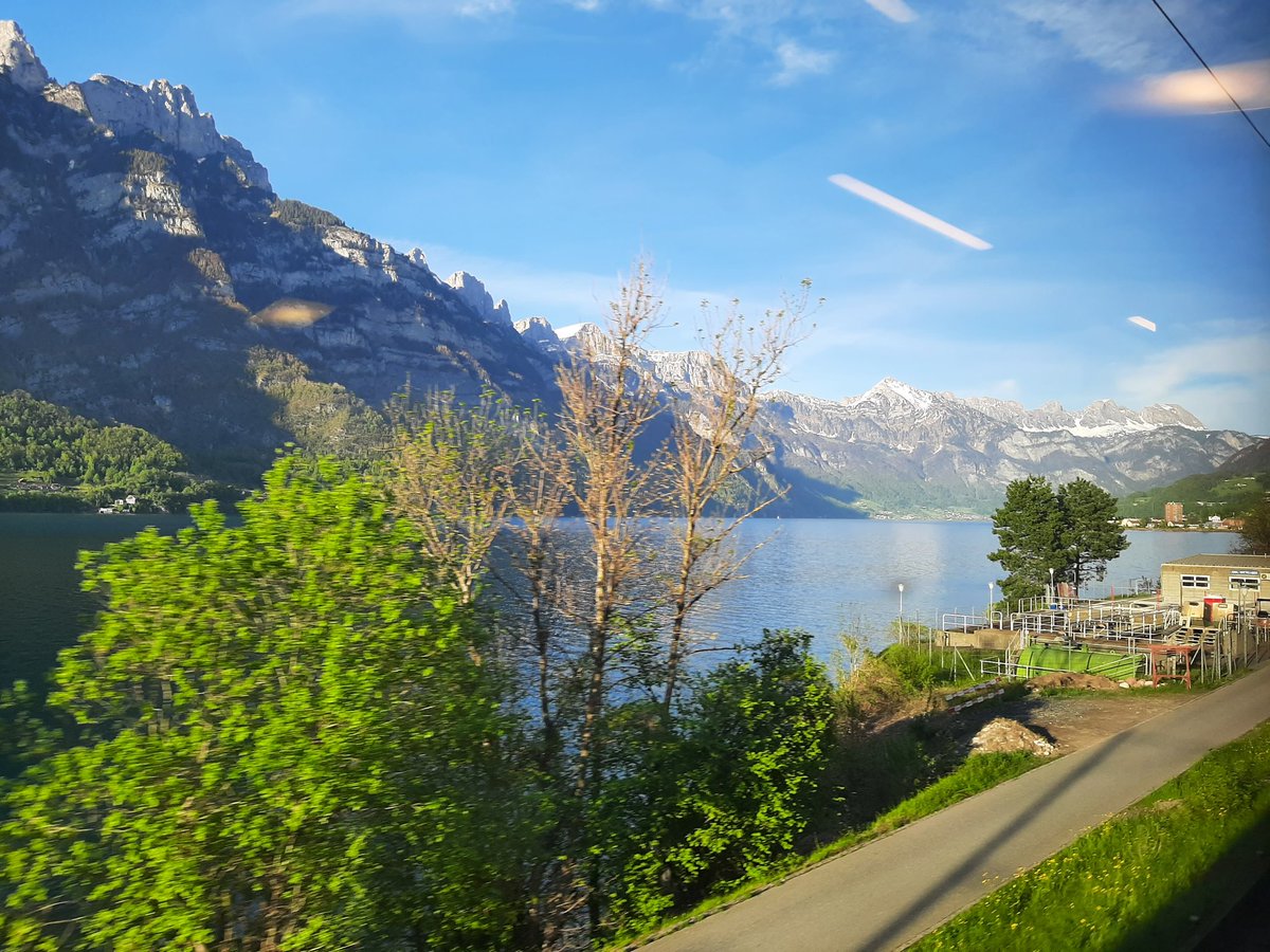 The gorgeous Walensee. Bit tricky to photograph with the reflections of the lights inside the carriage and the setting sun.