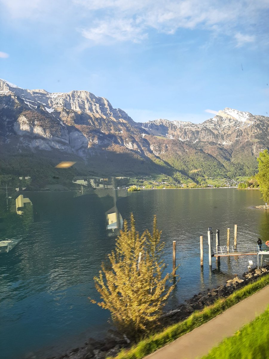 The gorgeous Walensee. Bit tricky to photograph with the reflections of the lights inside the carriage and the setting sun.