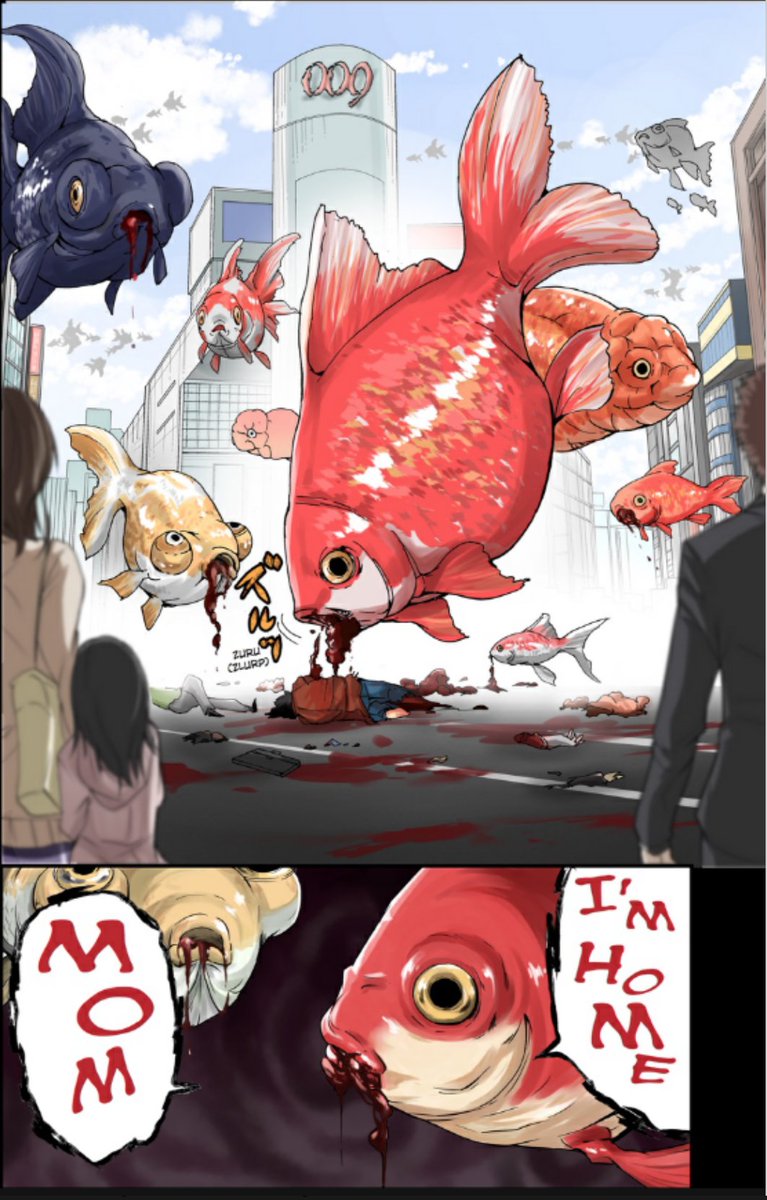 Giant, blood thirsty fish terrorizing trendy Tokyoites? No, it's not Gyo, it's Shibuya Goldfish fr. Haroumi Aoi fr.  @yenpress (most of the manga is in b/w, but that color intro page is somethin' else)  https://yenpress.com/9781975382155/shibuya-goldfish-vol-1/