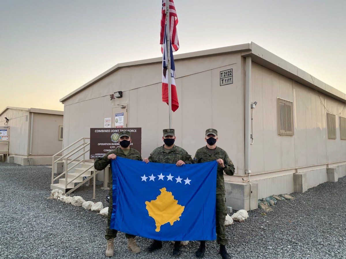 DeptofWar's tweet photo. The DOD is proud to join @KSF_Kosova in its first co-deployment in Kuwait. During this mission, Kosovo partners will gain real-world mechanics and logistics experience working with @USArmy units. #StrongerTogether https://t.co/STG4sMtFS9