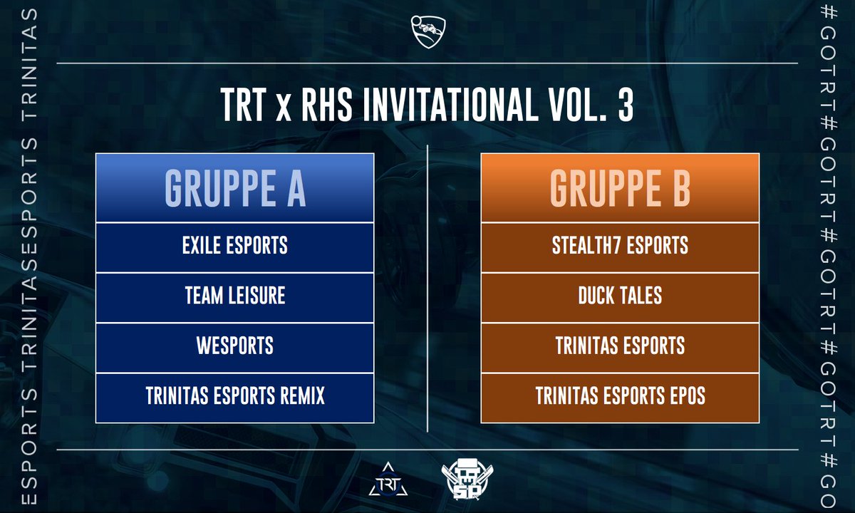 TrinitasEsports's tweet photo. Und hier sind sie: die vier Gruppen des #TRTxRHS Invitational Vol. 3!

Es erwarten euch eine Vielzahl an heißen Matches aus vier starken Gruppen! Die Gruppenphase könnt ihr in zwei Wochen am 22.05. bei unseren Freunden von @Ruhrsports auf Twitch verfolgen.

#TRTInvitational https://t.co/b7yvCKuTKl