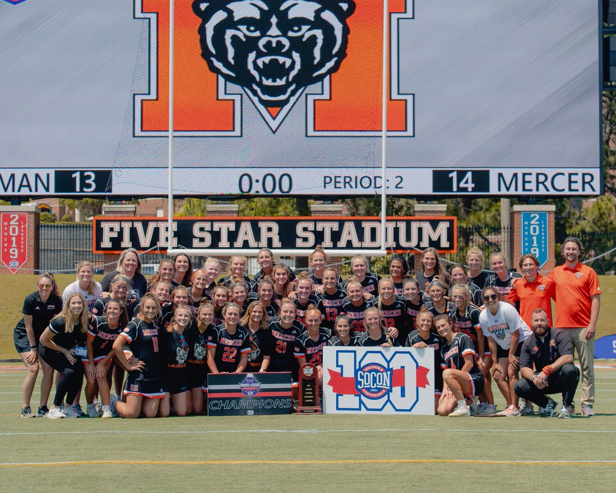 SoConSports's tweet photo. .@MercerWLAX = CHAMPIONS x3👑👑👑

The Bears claim their third straight #SoConWLAX title with a 14-13 win over the Paladins! Congratulations🙌 https://t.co/9360laNWT0