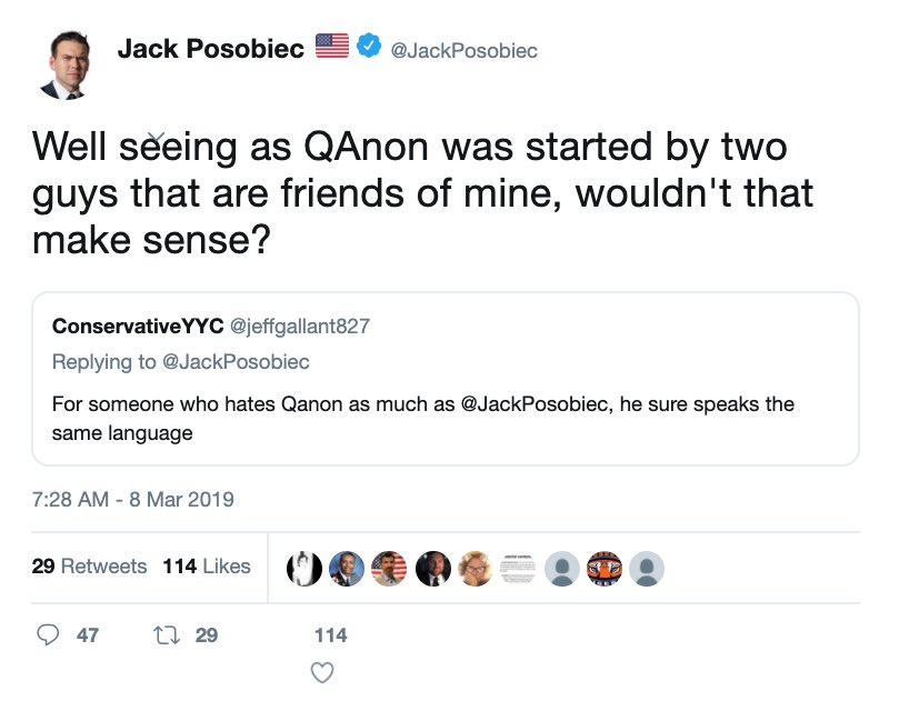 Here Posobiec is referring to the people he “exposed” as Q - Microchip and Dreamcatcher.Conveniently, “Microchip” is a LARP with many users (although there WAS an original Microchip for a few crucial years.)And where is  #MAGA3X chud James Brower? Jack’s still here tho. 