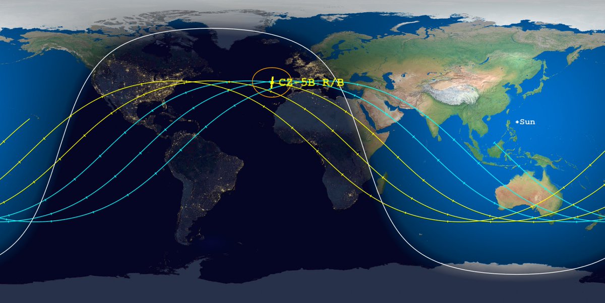Our latest prediction for  #LongMarch5B CZ-5B rocket body reentry is  09 May 2021 03:30 UTC ± 4 hours along the ground track shown here. Follow this page for updates:   https://aerospace.org/reentries/cz-5b-rocket-body-id-48275