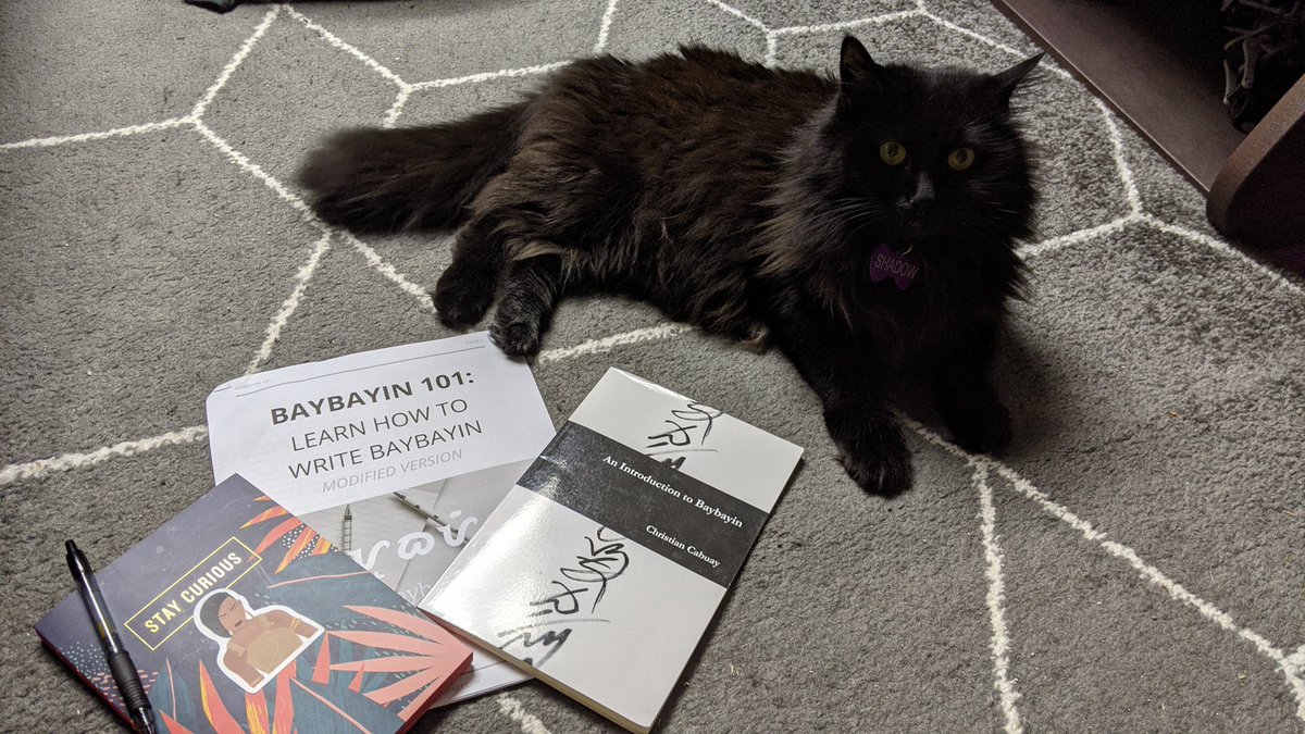 Ordered a book on Amazon, found a free "workbook", and a pretty journal to practice Baybayin(Shadow wanted to be part of the pic )
