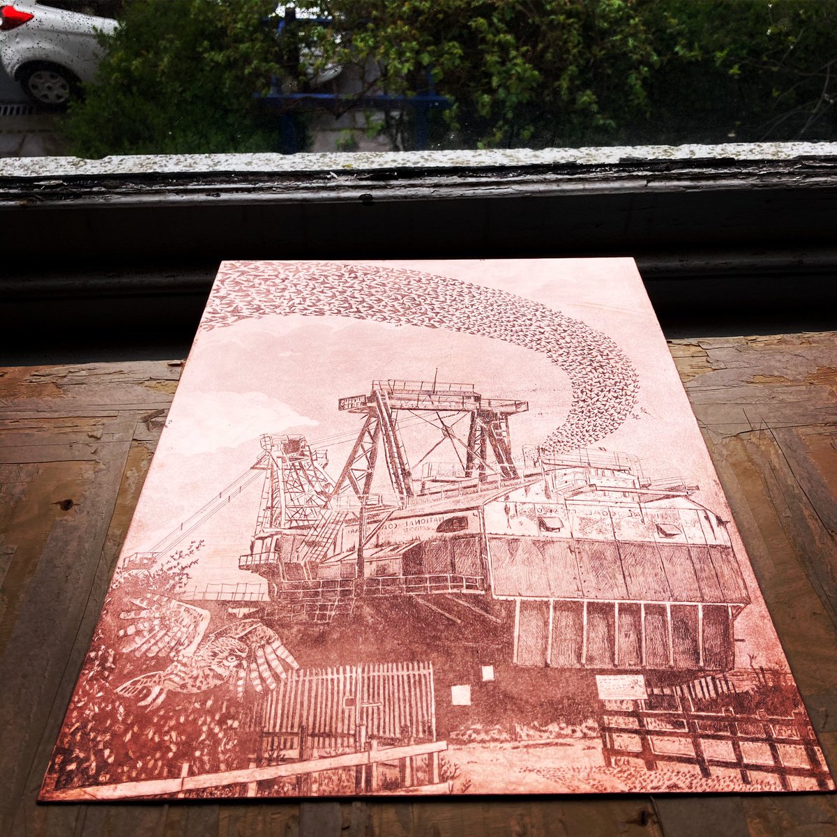 janisgoodman's tweet photo. Three levels of aquatint applied to almost unphotographable copper plate of Saint Aidan’s site. Paper prepared but printing postponed until Monday. #etchingplate #coppet #walkingdragline #staidensrspb https://t.co/7bpTCGTnos
