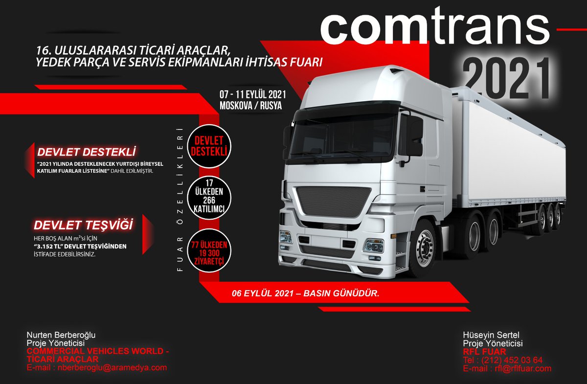 16. Uluslararası Ticari Araçlar, Yedek Parça ve Servis Ekipmanları İhtisas Fuarı 07 - 11 Eylül 2021 tarihlerinde Moskova'da tüm dünyadan sektör profesyonellerini ağırlayacak.