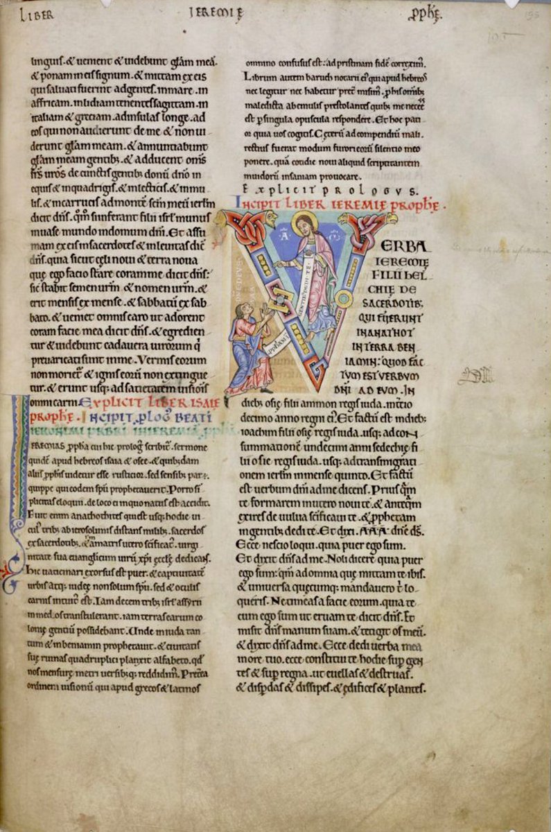 Initial 'V'(erba) at beginning of Jeremiah with Christ holding a scroll with 'Prophetam in gentibus dedi te' & Jeremiah saying 'A, A, A, domine deus'. #MS003TheDoverBibleCambridge, Corpus Christi College, MS 003; The Dover Bible, Volume I; 12th century; f.195r  @ParkerLibCCCC