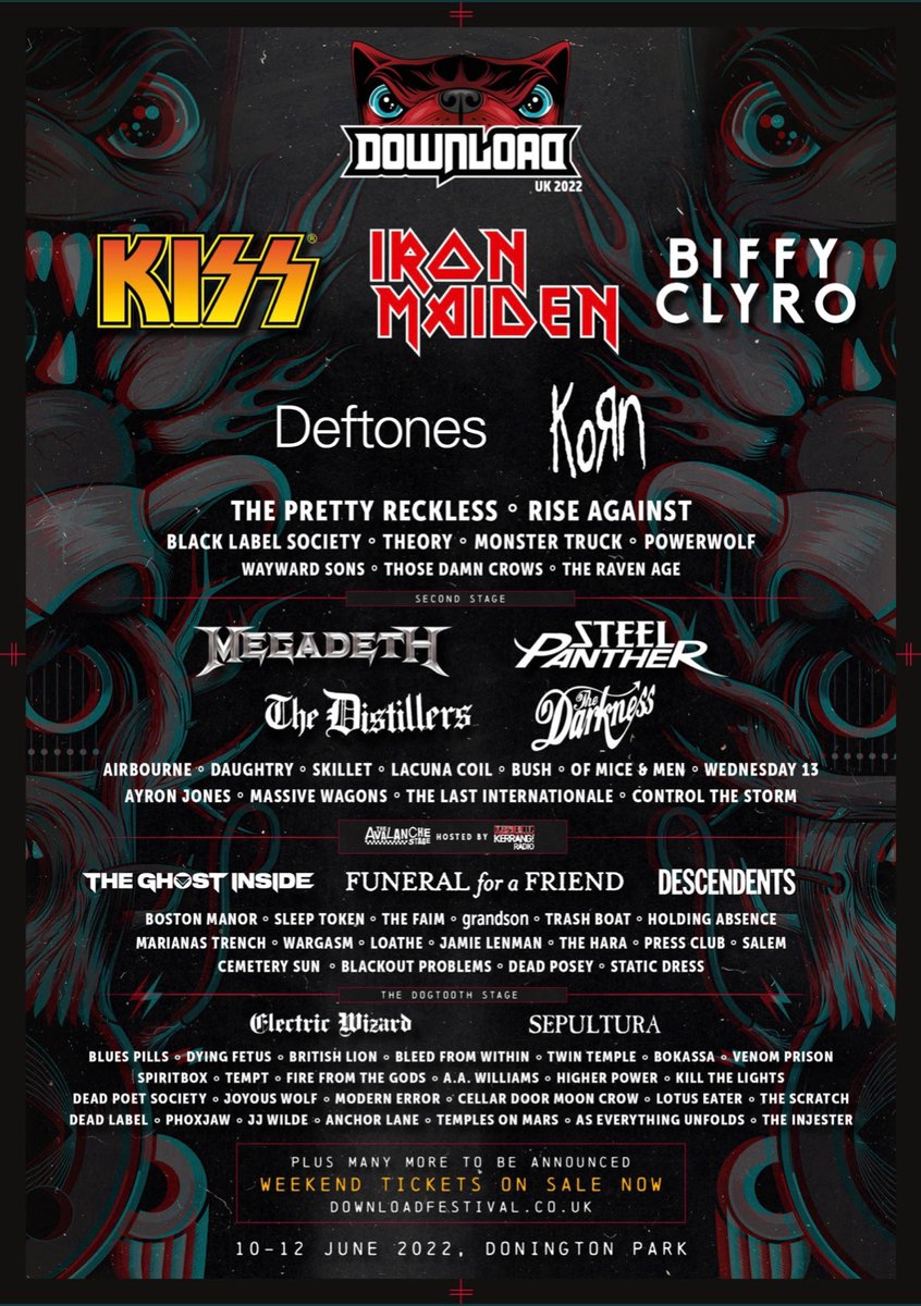 officialwed13's tweet photo. Download 2022 just got bigger with 70+ names just added to the line up including 
 @kiss @IronMaiden @Steel_Panther  Us and many more.

Join us for our epic return to Donington, 10th - 12th June 2022. Sign of the horns 

Weekend tickets on sale now. https://t.co/OZMQ9TMSjf https://t.co/Mgf8ftUpiz