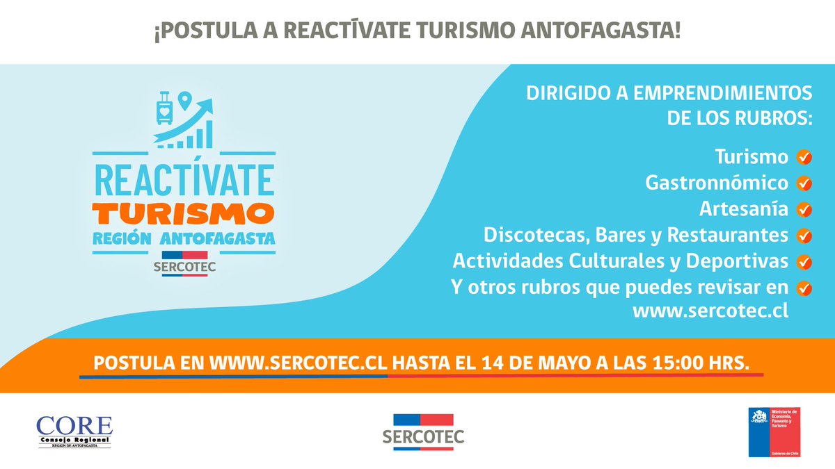 sercotec_Antofa's tweet photo. 🔸Todos estos rubros pueden postular a Reactívate Turismo Región Antofagasta!!
🔸Revisa las bases y verifica si tu emprendimiento aplica a esta gran oportunidad que entrega Sercotec.
✔️ Entra ahora 👇
https://t.co/VSy0pF8kTs
✔️ Y postula ya!!
#ArribaPymes 💪
@SachaRazmilic https://t.co/EGPDIKU2G3