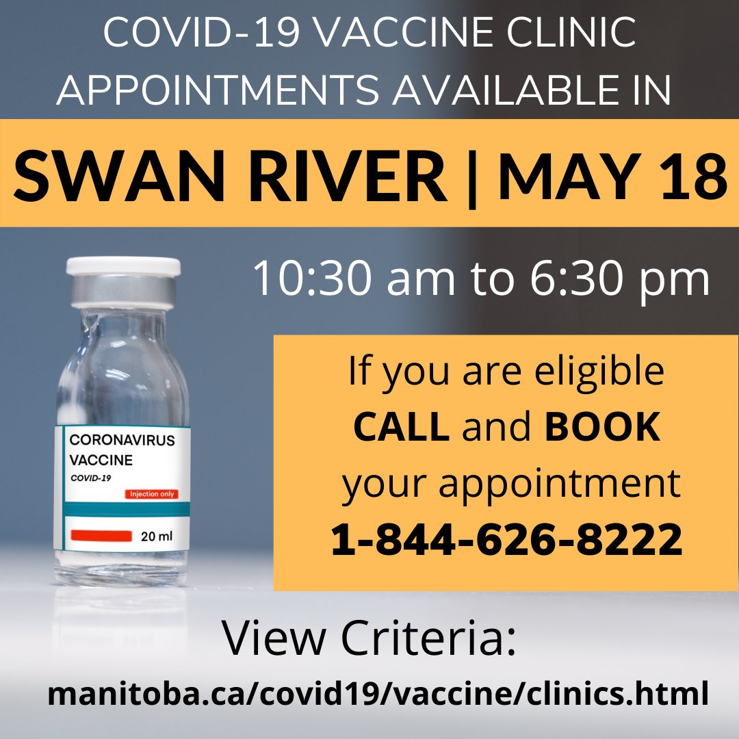 Vaccine appointments available in #SWANRIVER for Tues. May 18 at the Veterans Hall. Criteria includes all Indigenous people aged 18 & over. View full criteria & download consent form: https://t.co/pIlrqbdrxi
Consent forms also at RM offices & PMH facilities. https://t.co/7UVehfaTdm