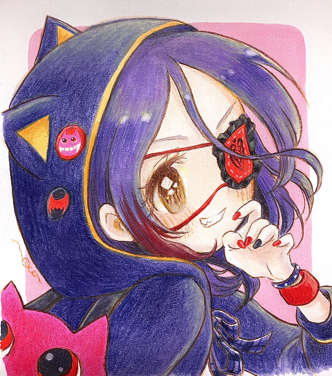 hayasaka mirei 1girl eyepatch smile hood solo purple hair cat hood  illustration images