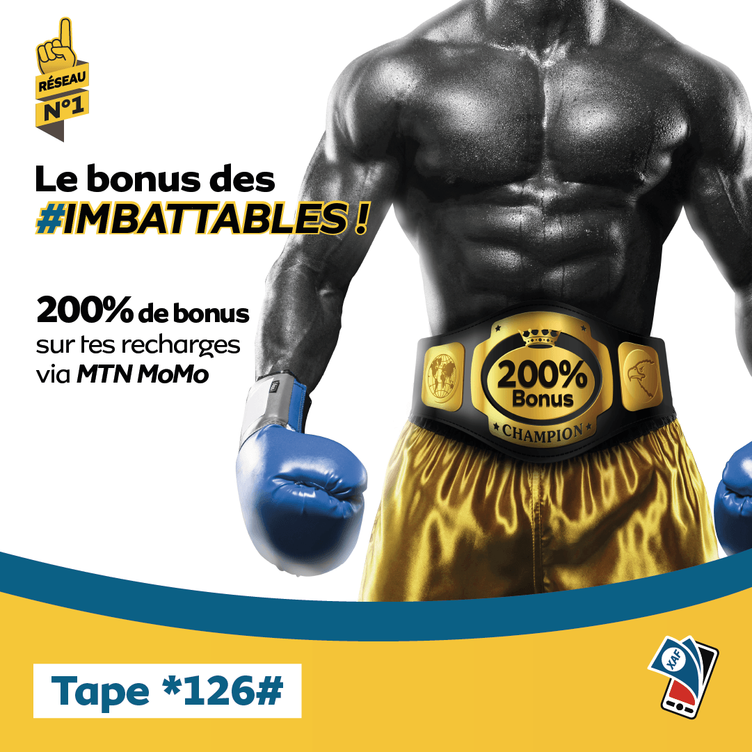 MTNCameroon's tweet photo. Y'ello!
Cette fois-ci, tu seras plus qu'#Imbattable grâce à MTN. Achète du crédit via MTN MoMo et reçois directement 200% de bonus dans ton compte. 
Tape *126#
#FaisUnMoMo #Imbattables #ReseauIndomptable https://t.co/Gpx0MELh9b
