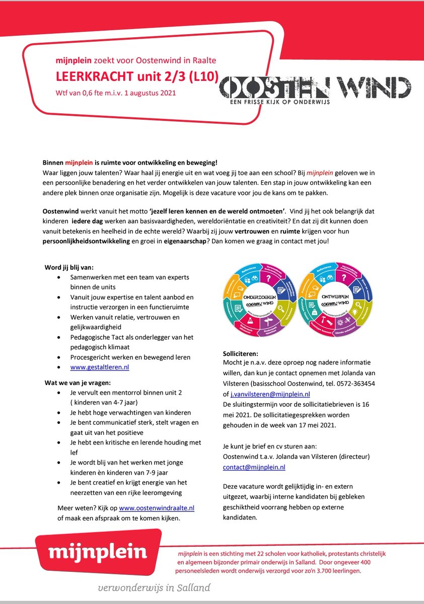 Reageren kan nog! Deze week staat onze vacature nog open voor een creatieve en enthousiaste meester of juf