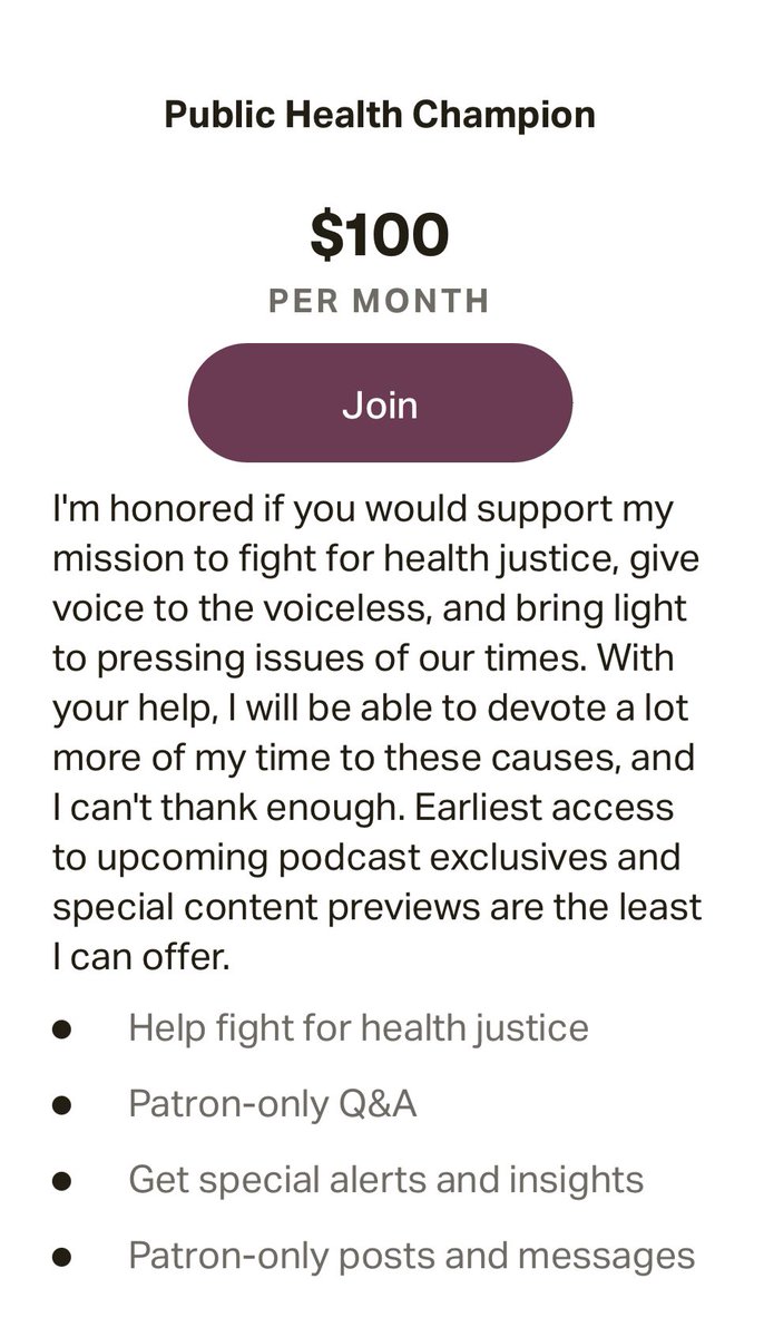 For $100 a month, you get all the great things from the $25 tier plus you help Eric “fight for health justice” from his new home in Austria where he sends his son to in-person school, while simultaneously fighting against in-person school.WHAT A VALUE