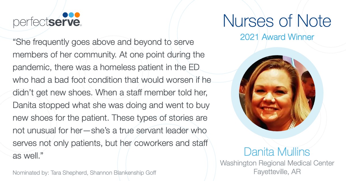 PerfectServe's tweet photo. Our next #NursesofNote honoree is Danita Mullins, who serves as Emergency Department Director at Washington Regional Medical Center in Fayetteville, AR. As you can see below, she makes it her business to meet the needs of the moment for all of WRMC's patients. https://t.co/aiOW5Dr7dl