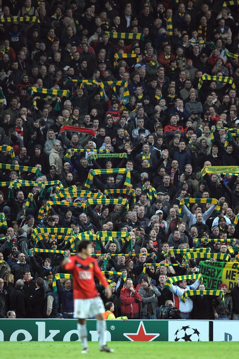 2009-10 Manchester United 4-0 AC Milan. This game was more known for what happened after the game when Beckham wore a green and gold scarf. Old Trafford looked like Carrow Road due to the glazers and the ground was rocking