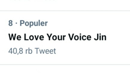SherinaHan's tweet photo. [JinTrend]
Update Indonesian Trend

6. #1700DaysWithAwake(46.4 K)
8. We Love Your Voice Jin (40.8 K)

Lets trend higher Friends
#진 #방탄소년단진 #JIN #Seokjin #KimSeokjin https://t.co/tSyVHL0fqx