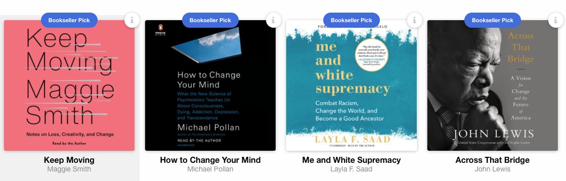 And now, the other ad! I have a deal for you on  @librofm( http://libro.fm/redeem/Quinn ) My membership benefits  @vromans! Yours could benefit your local indie bookstore! Here are some audiobooks about change! Listen to the Pollan book first! But then, the rest!