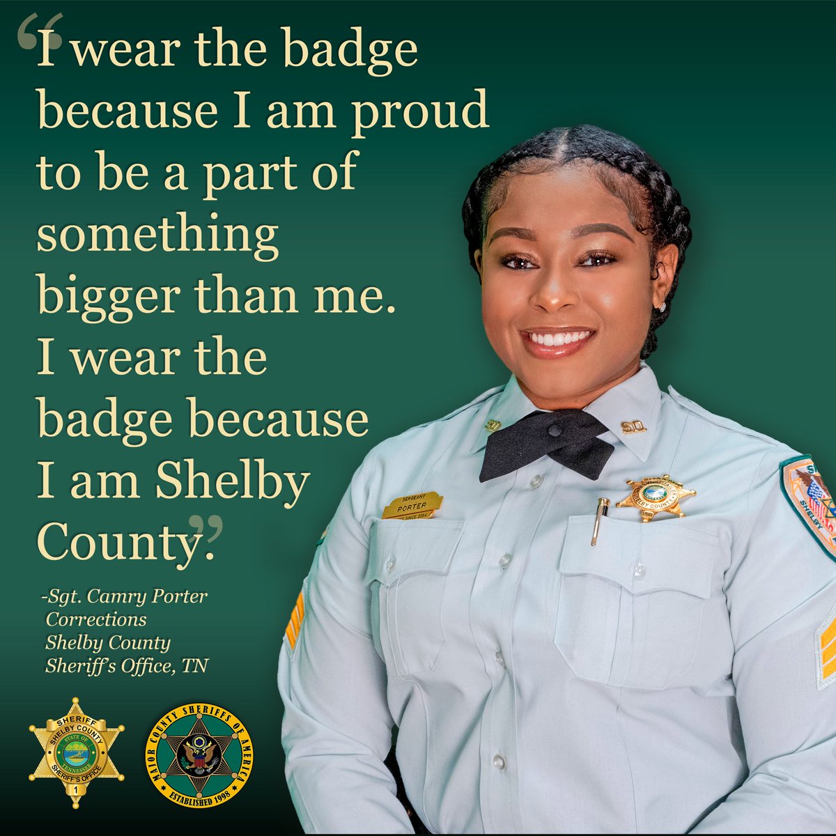 MCSheriffs's tweet photo. To wrap up #NationalCorrectionsWeek @ShelbyTNSheriff Sgt. Camry Porter explains why itβs important to her to serve as a corrections sergeant. Thank you Sgt. Porter for all you do! https://t.co/YgT7zY5xw7