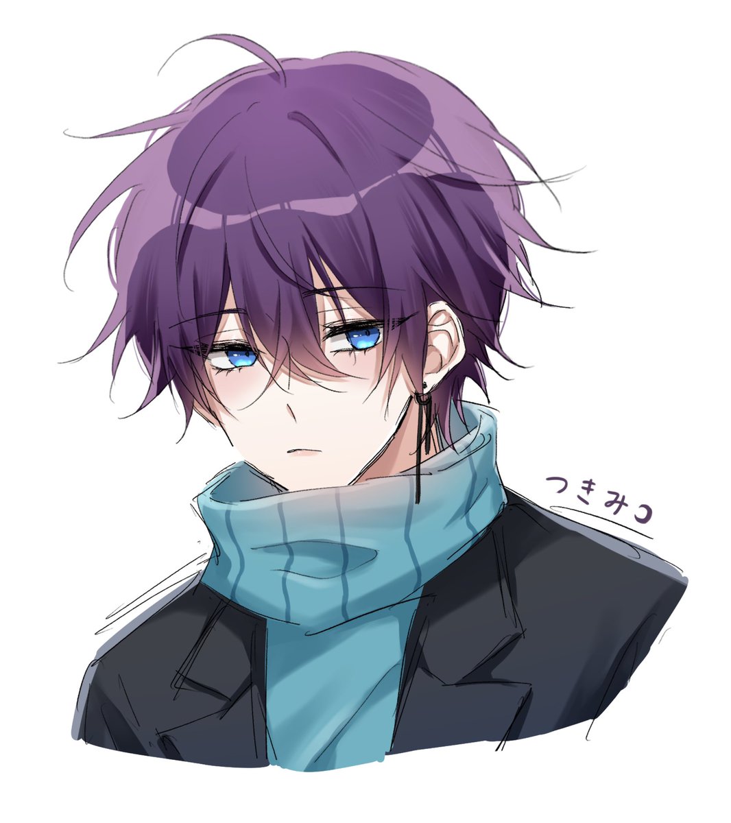 1boy male focus jewelry earrings solo blue eyes purple hair  illustration images