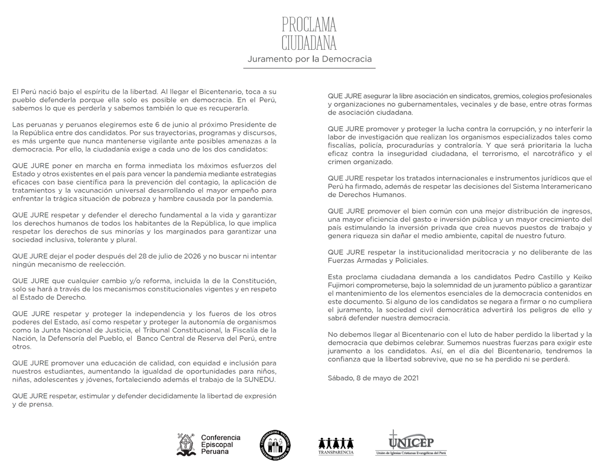 Únete a la #ProclamaCiudadana y firma la petición para que ambos postulantes a la presidencia se comprometan con la agenda urgente del país y con la defensa de la democracia: change.org/ProclamaCiudad…