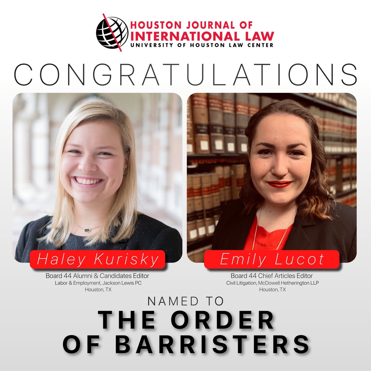 HJILuhlc's tweet photo. Big congratulations to two of our graduating members of @hjiluhlc Board 44, Haley Kurisky and Emily Lucot, for being named to the Order of Barristers!
#lawjournal #barristers #employmentlaw #civillitigation https://t.co/SMxu9W3MME