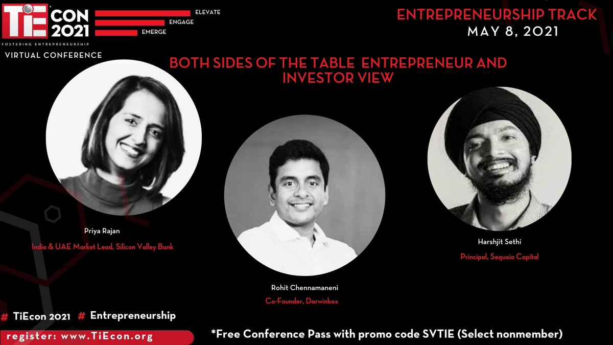 #Entrepreneurship from the #Entrepreneur and #Investor Points of view. Join <a href="/PriyaRangarajan/">Priya Rajan</a> at #TiEcon2021 as she chats to <a href="/HarshjitSethi/">Harshjit Sethi</a> &amp;  <a href="/chennamaneni/">Rohit Chennamaneni</a> about their perspectives. Starting now. Register for FREE at tinyurl.com/42p5eeay with code SVTIE. #TiEcon