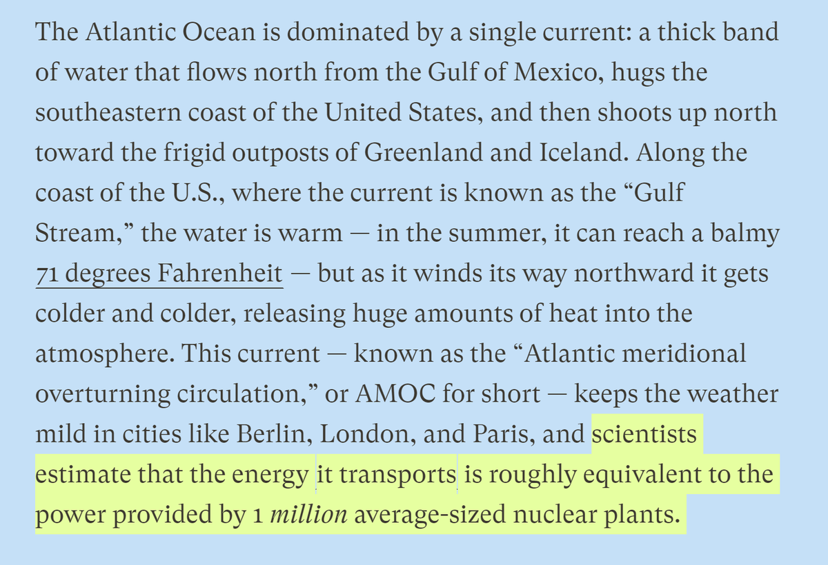 3/14 Nature plays in a different league re energy: "Scientists estimate that the energy [the Gulf Stream] transports is roughly equivalent to the power provided by 1 𝘮𝘪𝘭𝘭𝘪𝘰𝘯 average-sized nuclear plants". (The world economy runs on the equivalent of ~17k nukes.)