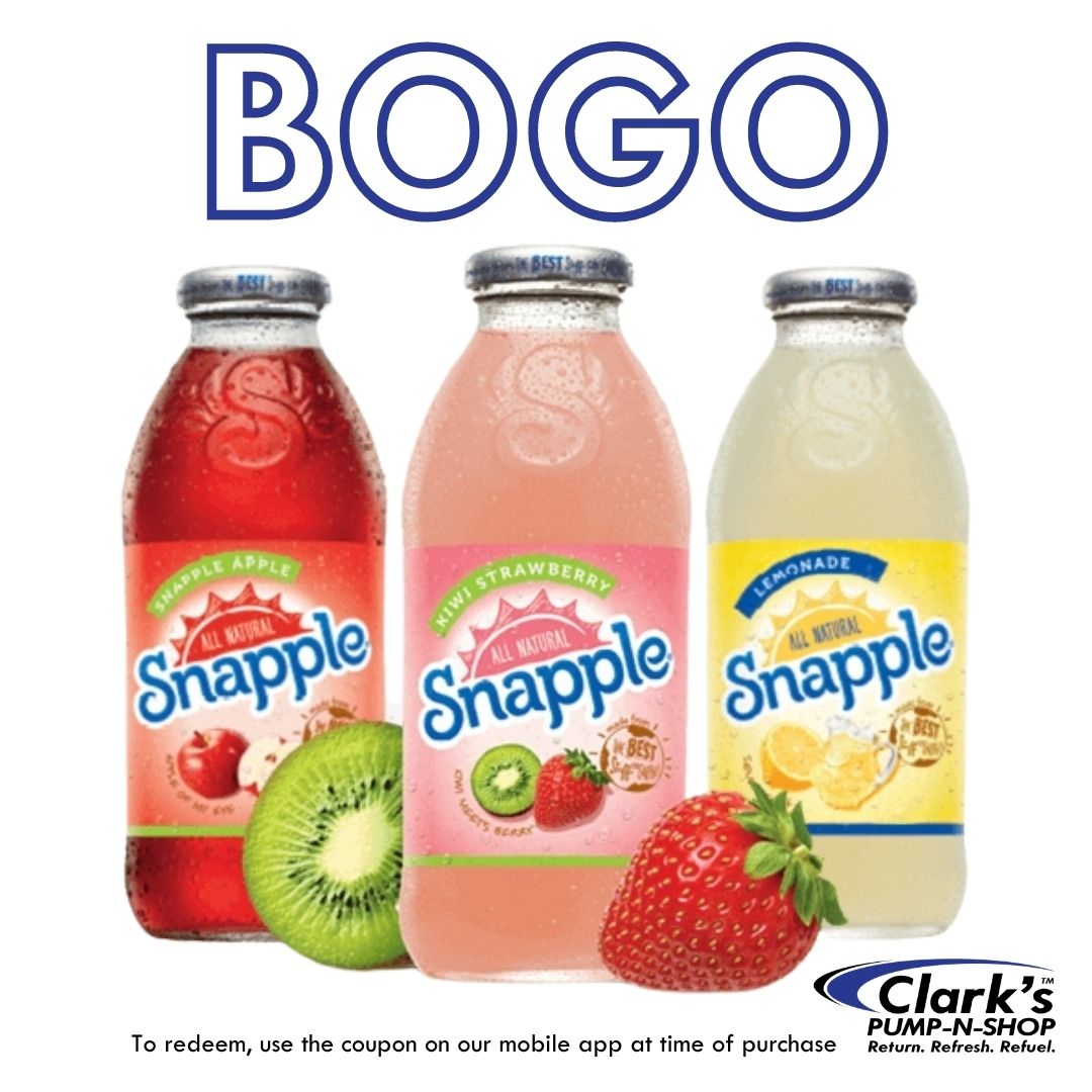 clarkspnsbti's tweet photo. Clark's Pump-N-Shop mobile app users!  
Take advantage of our BOGO coupon for Snapple all this month! https://t.co/Zm1m9nd6F2