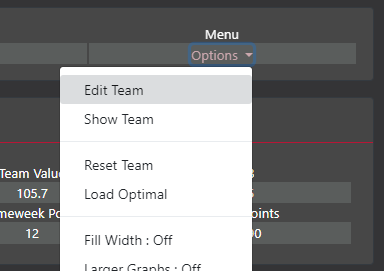On the right side, there is a menu for several operations. The first button opens a modal where you can edit your team. This is particularly useful for planning next GW when you choose the upcoming GW from top left.
