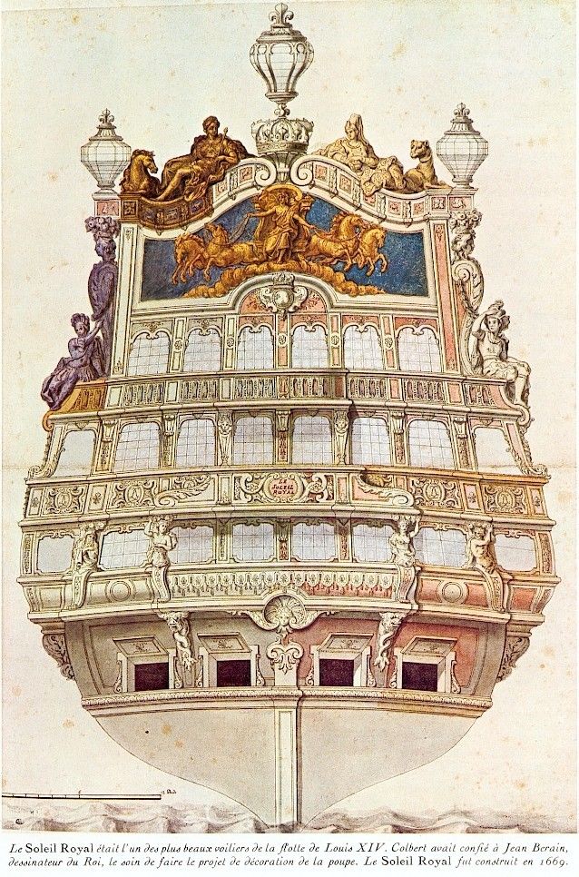 Voici les ornements de poupe imaginés par Jean Berain pour le Soleil Royal en 1689.